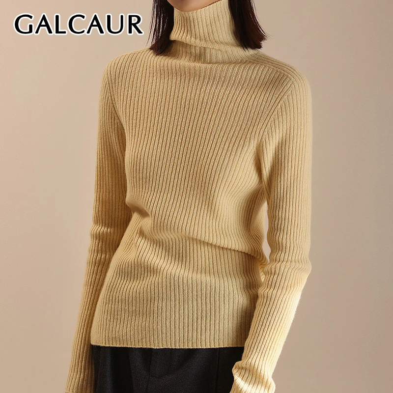 

GALCAUR Minimaliam Knitted Pullovers For Women Turtleneck Long Sleeve Slimming Solid Casual Sweater Female Winter Clothing New