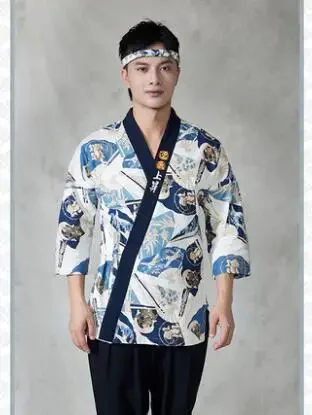 Japanese Chef Uniform Cuisine Jacket Kimono Work Clothes Sushi Tops Restaurant  Print Spring Vintage