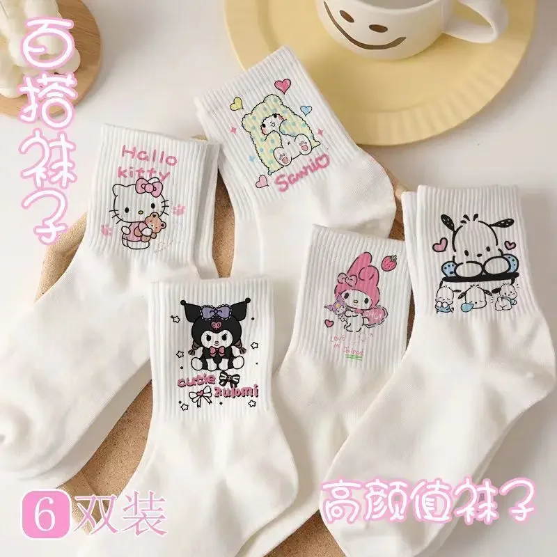 6 Stuks Hello Kitty Anime Kawaii Sanrio Zachte Ins Mode Sokken Vrouwelijke Schattige Cinnamoroll Kuromi Lange Zweet Kous Geschenken Voor Kinderen