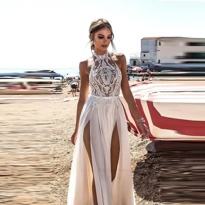 

Wedding Dresses for Woman Illusion Chiffon Lace Applique High Neck A Line Boho Beach Bride Gowns Bridal Dresses Women