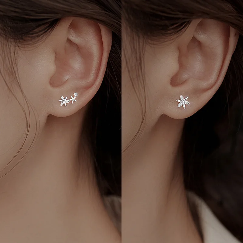 Sparkling Zircon Flower Earrings Mini Forest Series Small Flower Earbone Studs For Women Asymmetric 925 Silver Student Earring