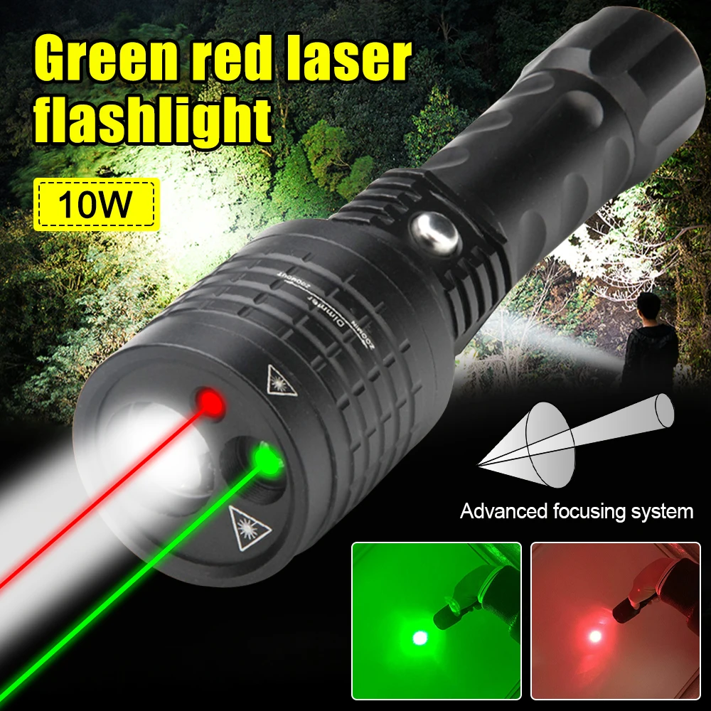 White Zoomable Hunting Flashlight 3 in 1 Green&Red Laser Pointers Spotlight 3 Light Source Laser Flashlight Hunting Optics