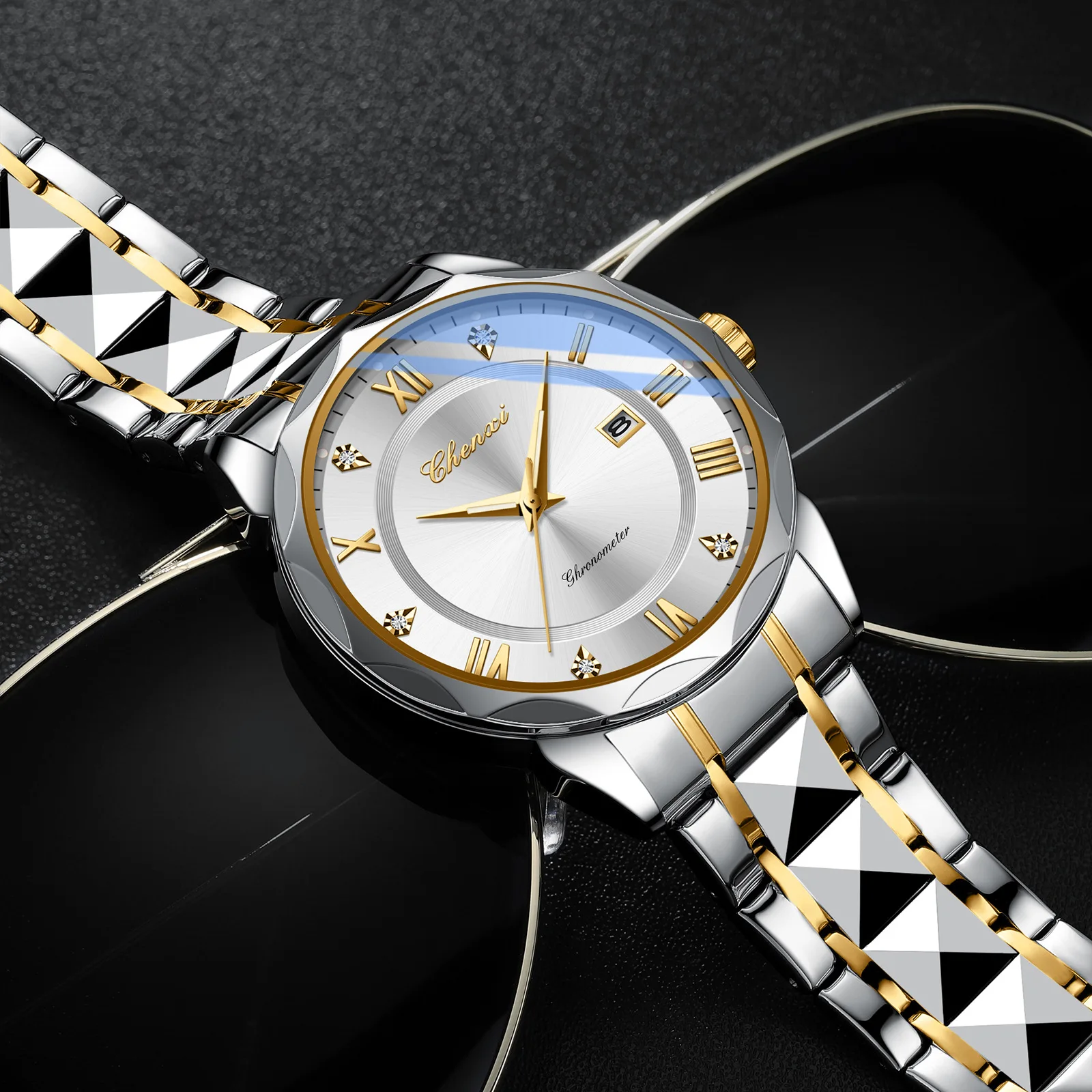 CHENXI-ساعة يد كوارتز للرجال ، تاريخ بسيط ، عرض تناظري ، فضي ، ذهبي ، أزرق ، أسود ، فولاذ مقاوم للصدأ ، موضة رجالية ،