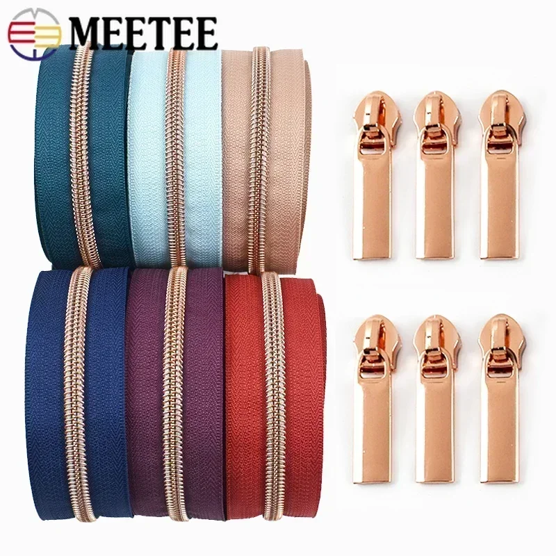 5/10/20M Meetee 5# RoseGold Zipper Tape with Sliders Nylon Zippers for Sewing Bag Garment Decor Zip Repair Kit DIY Accessories