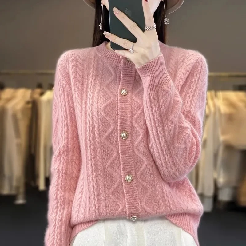 

2023 New Wool Cardigan Womens Clothing O-neck Sweater Mujer Long Sleeve Tops Knitwears Korean Fashion Outerwears Crochet