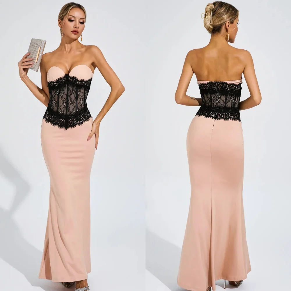

Customized Elegant Classic Jersey Lace Pleat Column Strapless Ankle Length Dresses Bespoke Occasion Dresses Sizes Available Sexy