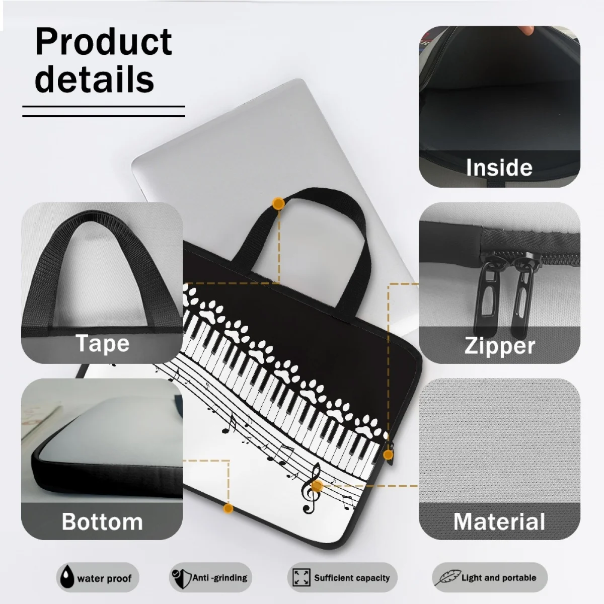 2024 Travel Universal Portable Tablet Bag Music Note Piano Creative Dog Paw Design Laptop Bag Computer PC Carry Case Cover Pouch