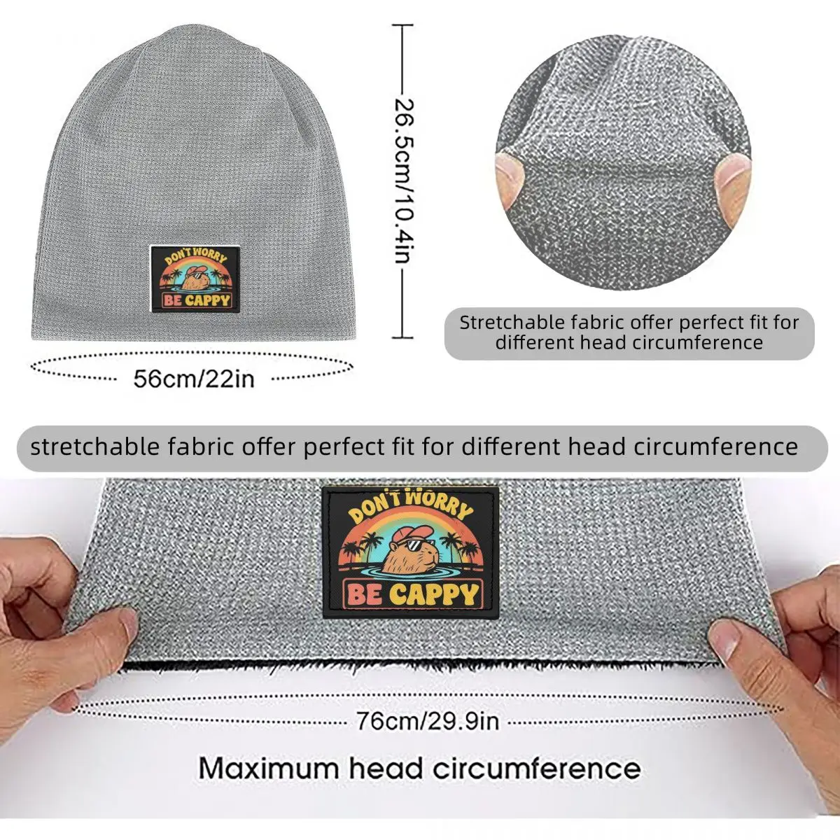 Embrace The Capybara Craze Don't Worry Be Cappy Waffle Knit Fleece Lined Beanie with PU Leather Patch Warm Winter Soft Cap