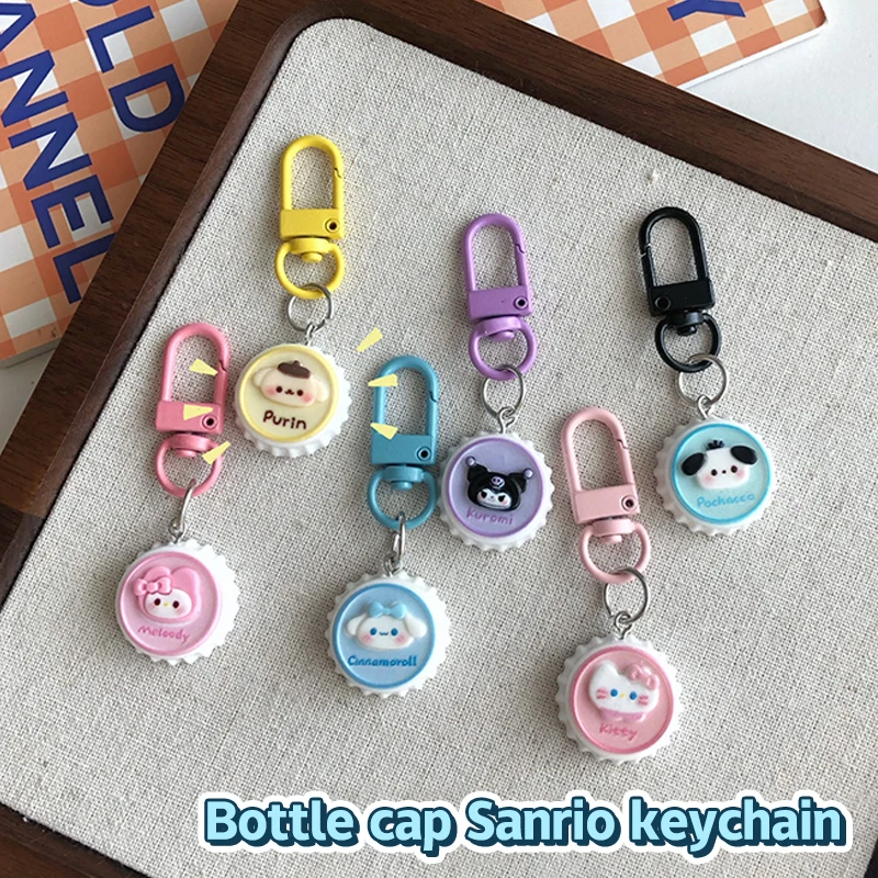 Sweet Sanrio Anime Cinnamoroll Kuromi Melody Purin Pochacco Kt Cat Keychain Pendant Cute Bottle Cap Keychain Bag Decoration