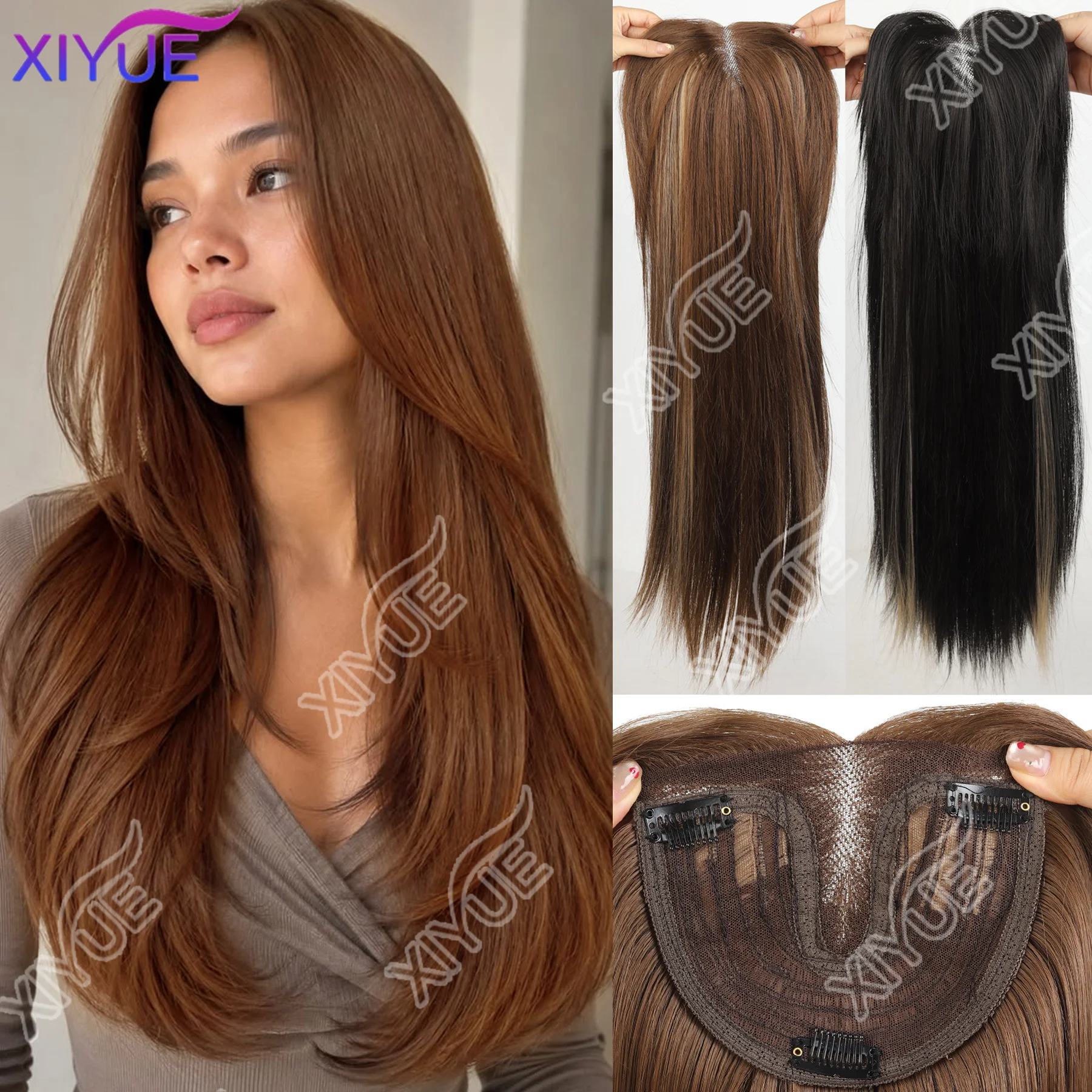 XIYUE Synthetic Long Straight Layered Hair Wig Clip in Hair Extensions Natural Fluffy Head Top Fake Hair Piece with XIYUE
