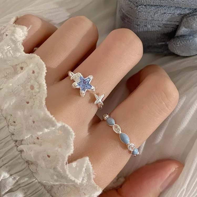 

925 Sterling Silver Open Finger Ring Blue Enamel Clear CZ Cross Star Stackable For Women Jewelry Gift Dropship Wholesale