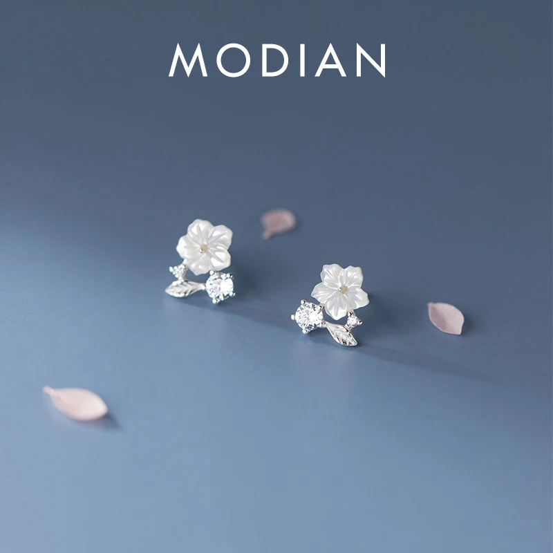 

Modian 3 Color Elegant Shell Flowers Shiny Zircon Leaves Stud Earring for Women Sterling Silver 925 Flora Ear Pin Fine Jewelry