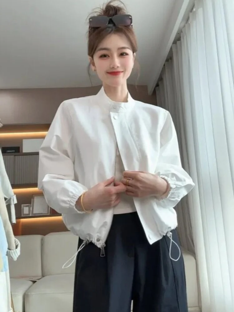

Korean Style Short Baseball Jacket Women's Spring 2026 Slimming Stand Collar Outerwear Bright Surface Loose Fit Long Sleeve