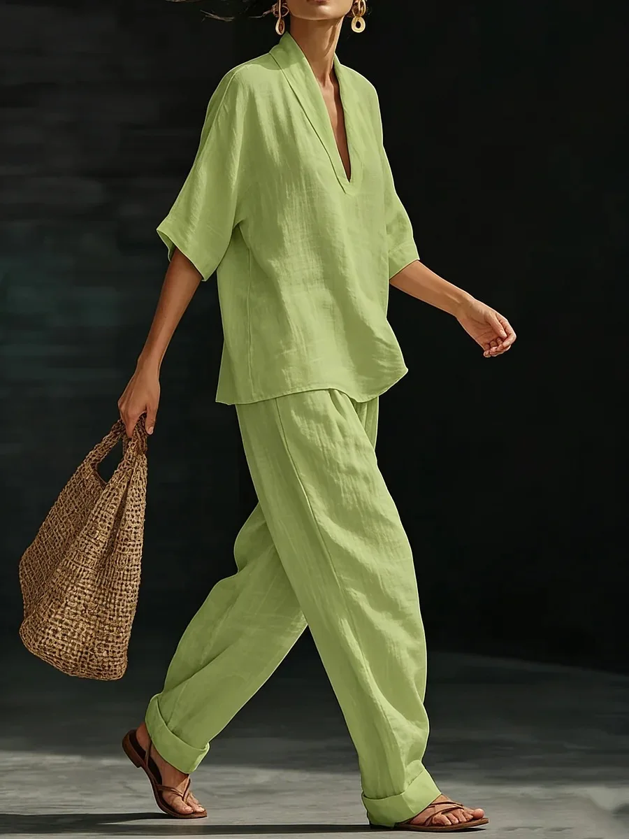 2026 New Women's Fashion 2-Piece Suit Cotton Linen Button Stand Collar Short Sleeves Tops Wide Leg Pants Casual Wear Female Set