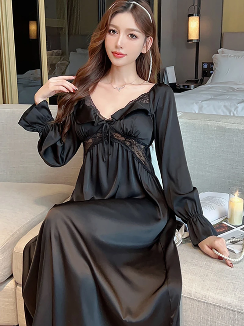 

Women Spring Summer French Vintage Princess Sleepwear Long Silk Pajama Nightdress Fairy Ruffles Female Lace Victorian Nightgowns