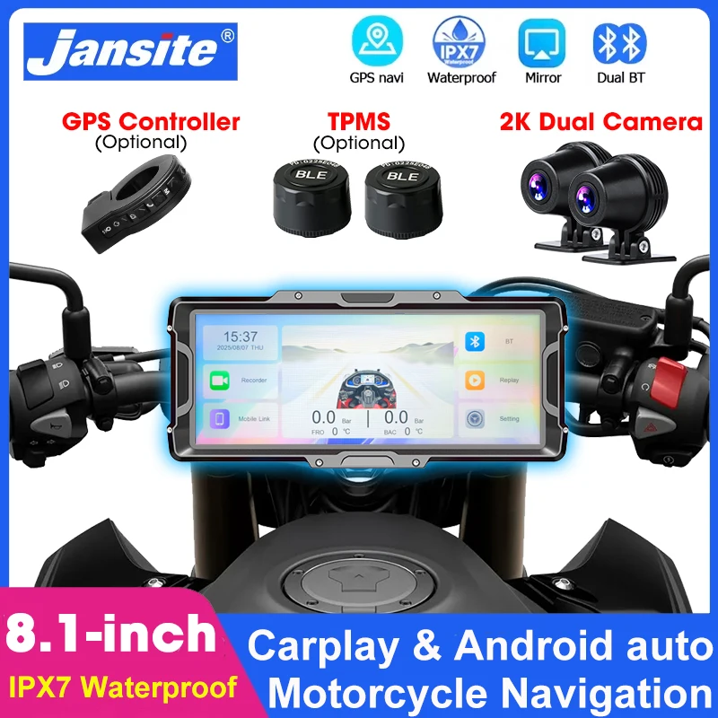 

Jansite 8,1 "2K мотоциклетный видеорегистратор GPS-навигация для беспроводного Carplay Android Auto Dual BT IPX7 водонепроницаемый видеорегистратор для мотоцикла