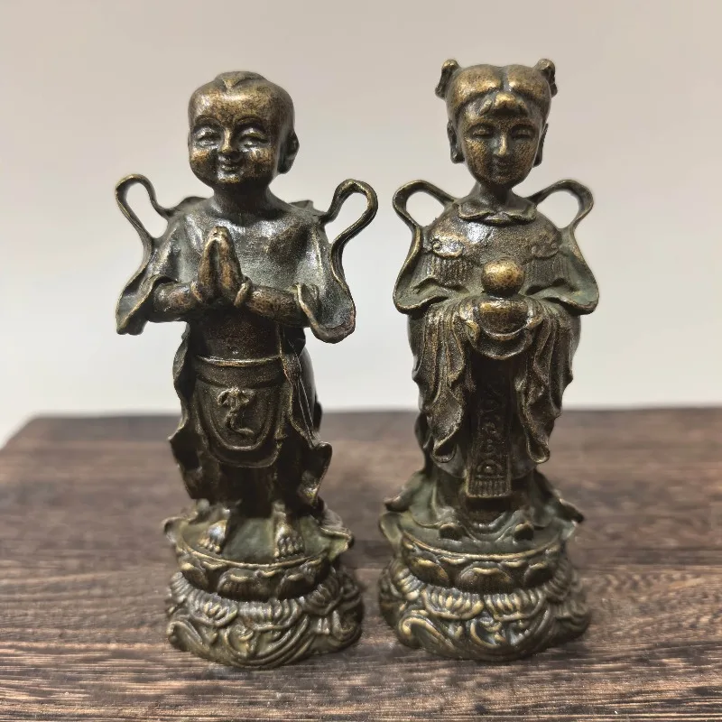 Vintage Alloy Bronze‑plated Golden Boy Jade Girl Statue Pair Chinese Myth Figurine Lotus Base Desktop Collectible Decor Ornament