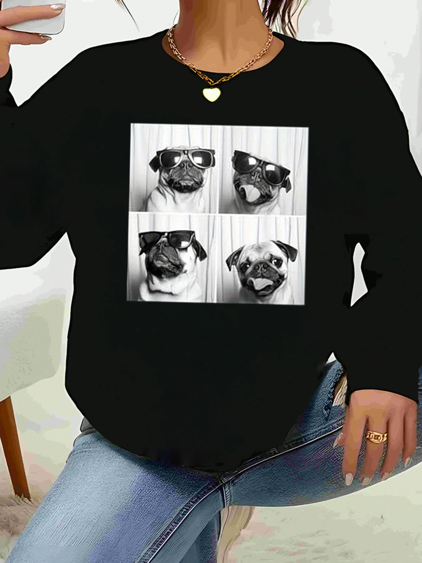 تي شيرت Pug Dog Photo Print بأكمام طويلة، ملابس غير رسمية، قمة الموضة النسائية #1