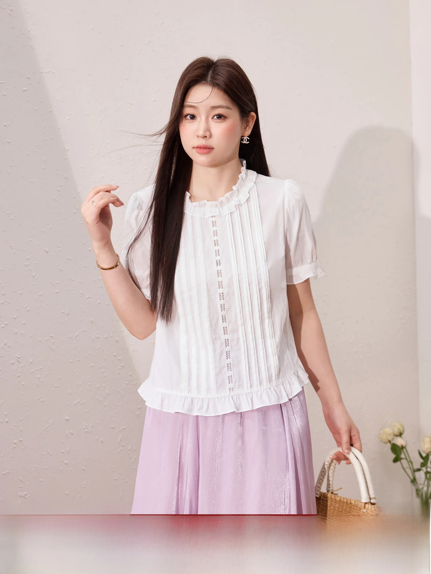 

Blue Language Large Size Women's White Ruffle Svel Slimming Meat Covering Summer New Sle ort Sve Top