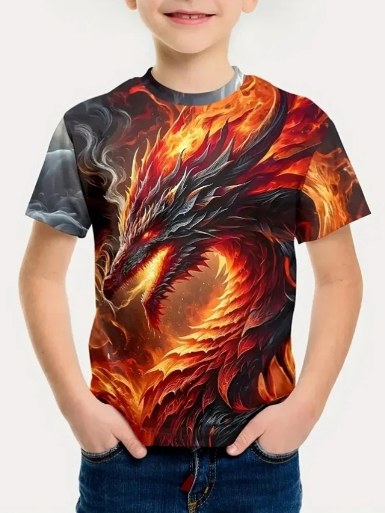 Children Boy Clothes Summer Boy Clothes Round Neck Kids T Shirt Cool Dragon Pattern Short Sleeve Boy Clothes Children's T-Shirts