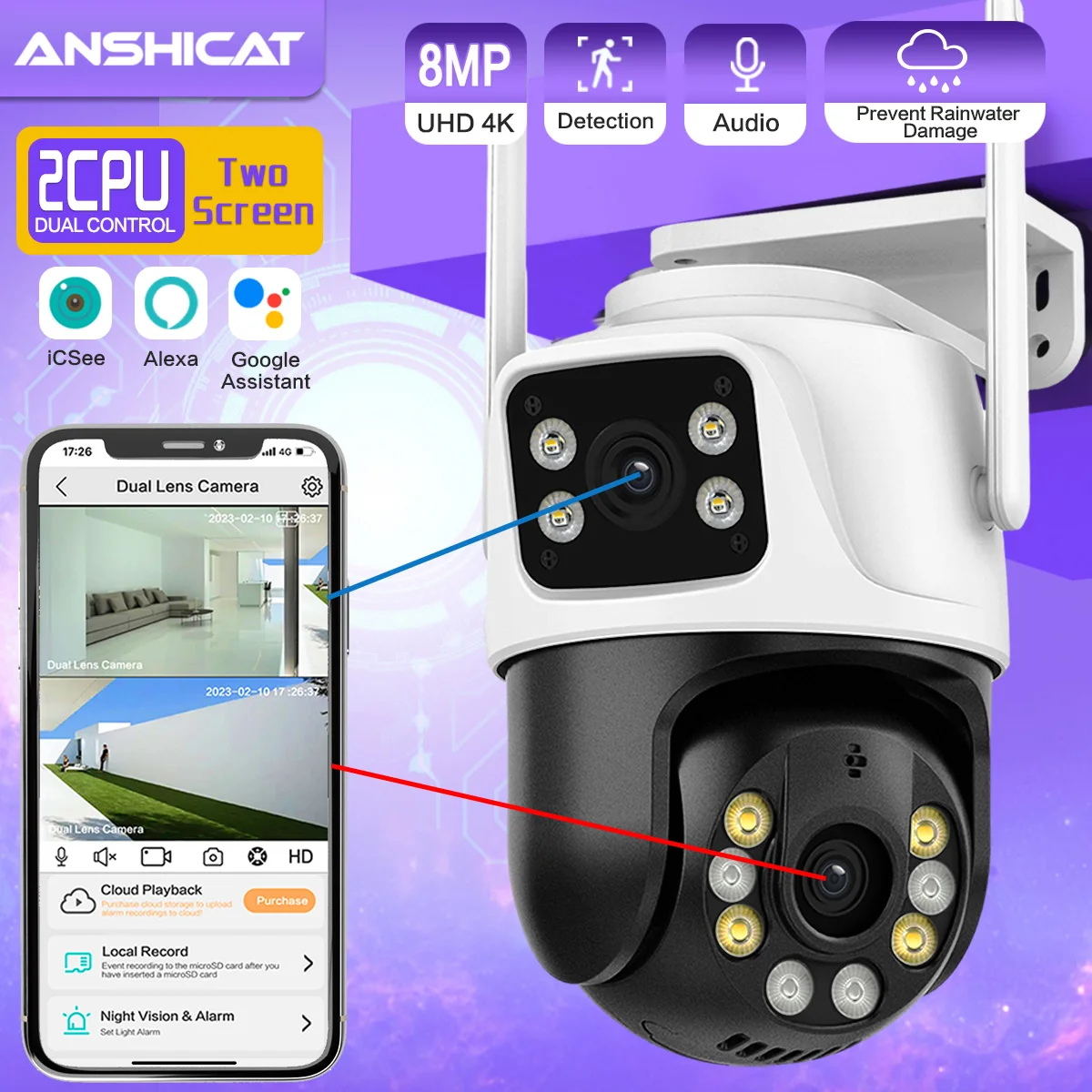 

4K 8MP PTZ Wifi IP Camera Dual Lens with Dual Screen Ai Human Detect Auto Tracking Wireless Outdoor Surveillance Camera iCSee 2K