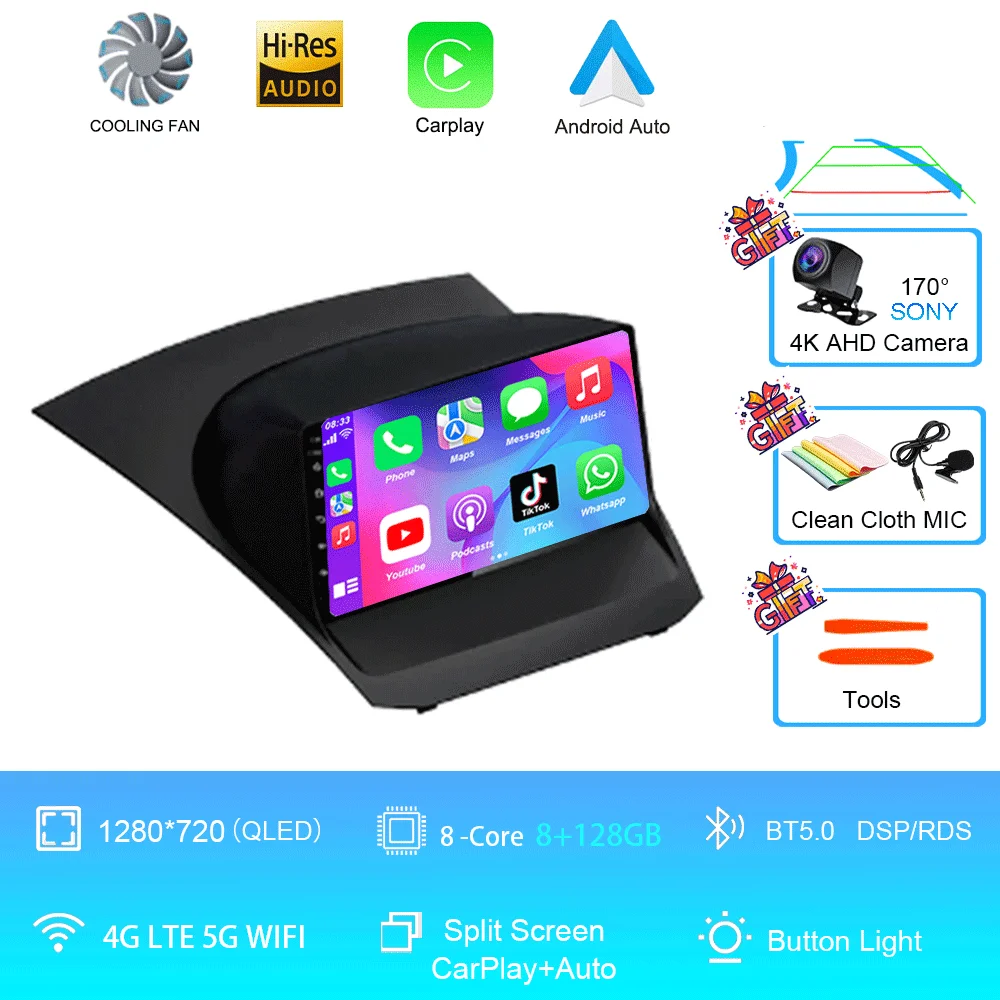 Android 16 voor Ford Fiesta Mk 6 2009 2010 2011 2012 2013 2014 - 2018 Carplay Auto Multimedia autoradio speler WiFi+4G DSP GPS 2DIN