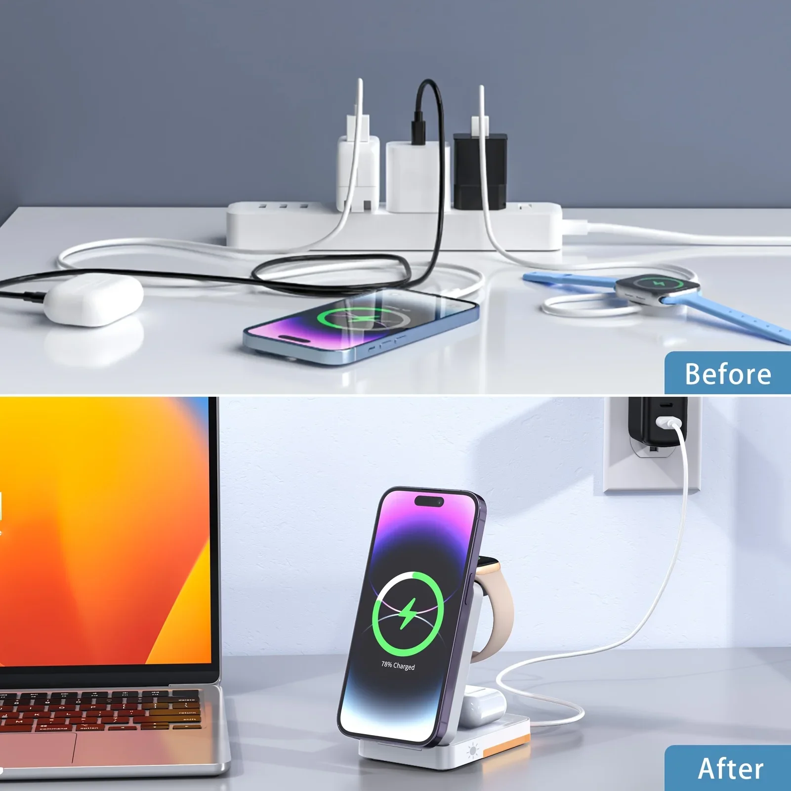 حامل شاحن لاسلكي بإضاءة LED 3 في 1 قابل للطي لهاتف iPhone 16 15 14 13 12 Apple Watch 2-9 SE Airpods Pro محطة شحن سريعة