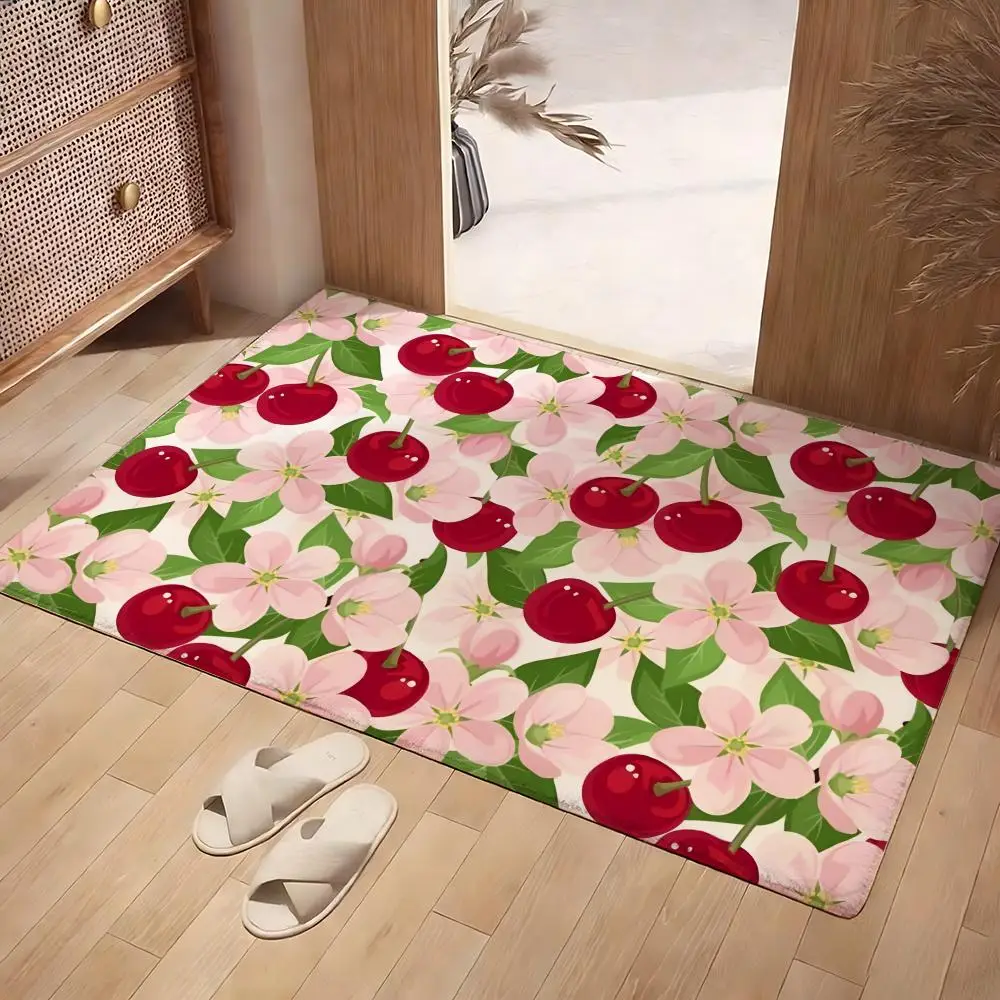 Cherry Floor Mat Soft Flannel Rug Non-Slip Absorbent Mat For Bathroom Bedroom Home Decor