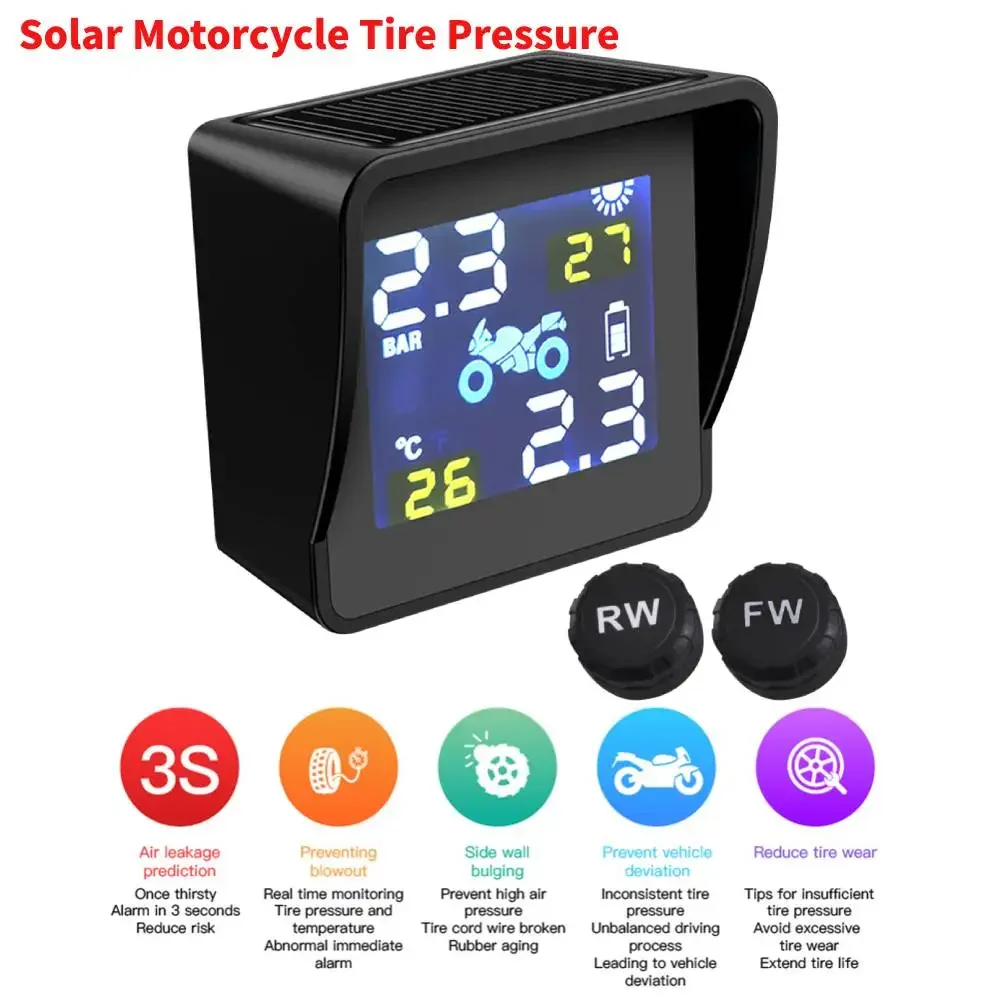 New Solar Charging TPMS Tire Tyre Pressure Monitoring Alarm System High-precision Motorcycle Replacement Parts with 2 Sensors