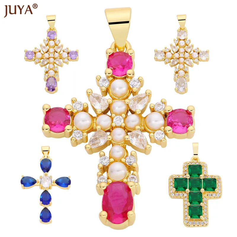 

JUYA Luxury Pearl Zircon Cross Charm 18K Gold Plated Jesus Catholic Pendants For DIY Jewelry Making Supplies Crafts Accessories