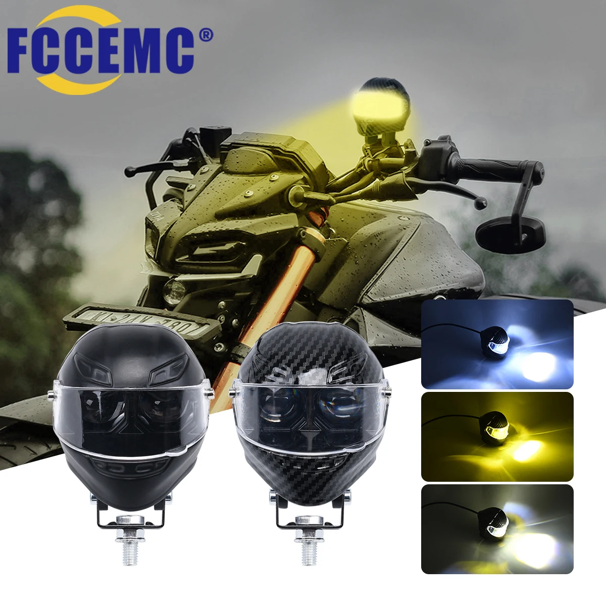 1 unidad de foco auxiliar LED para motocicleta, doble lente, luz blanca y amarilla de alto brillo, forma de casco integral, bombilla LED, luces antiniebla, lámpara de conducción