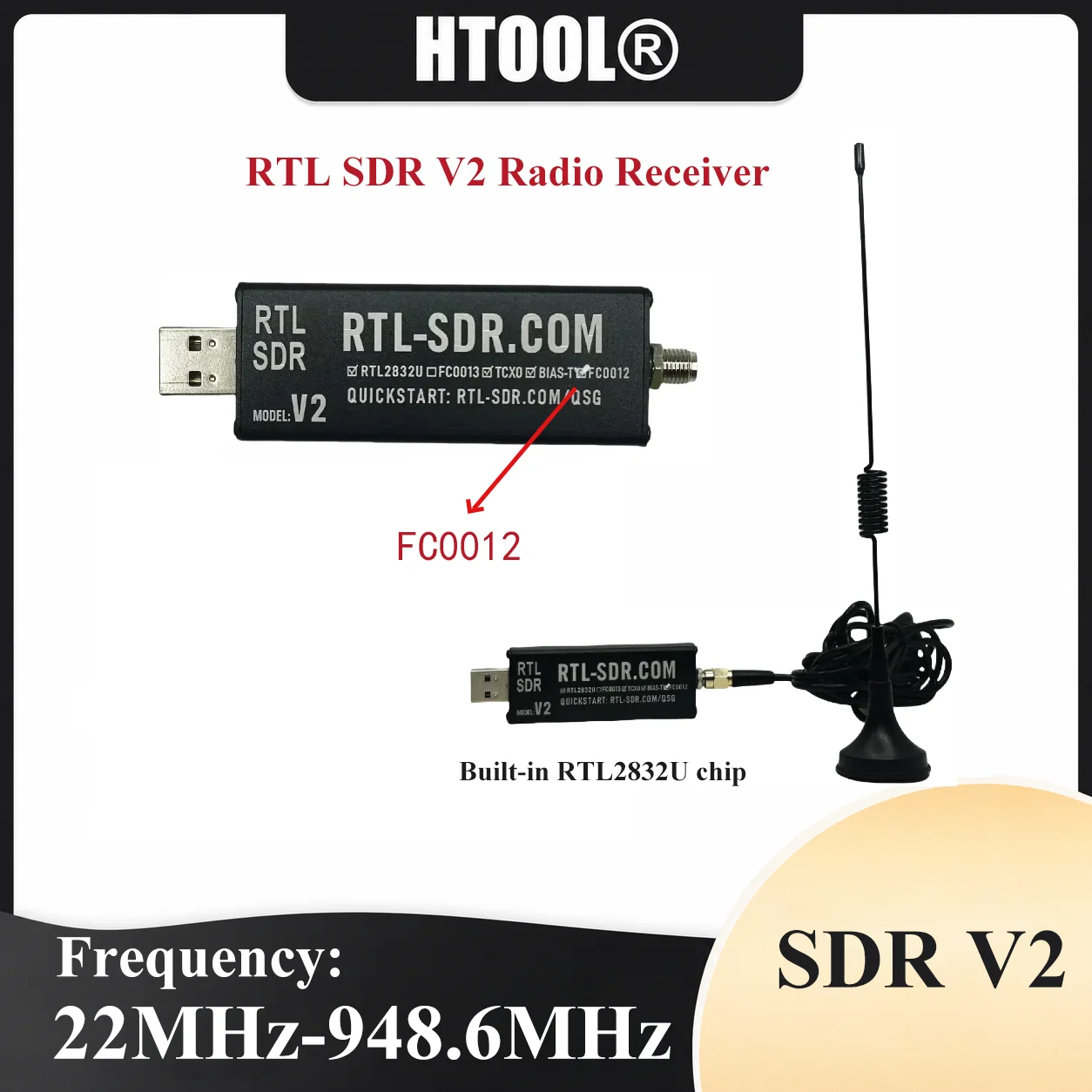 RTL-SDR V2 Software Defined Radio Receiver RTL2832U Chip with FC0012 Tuner 22MHz–948.6MHz