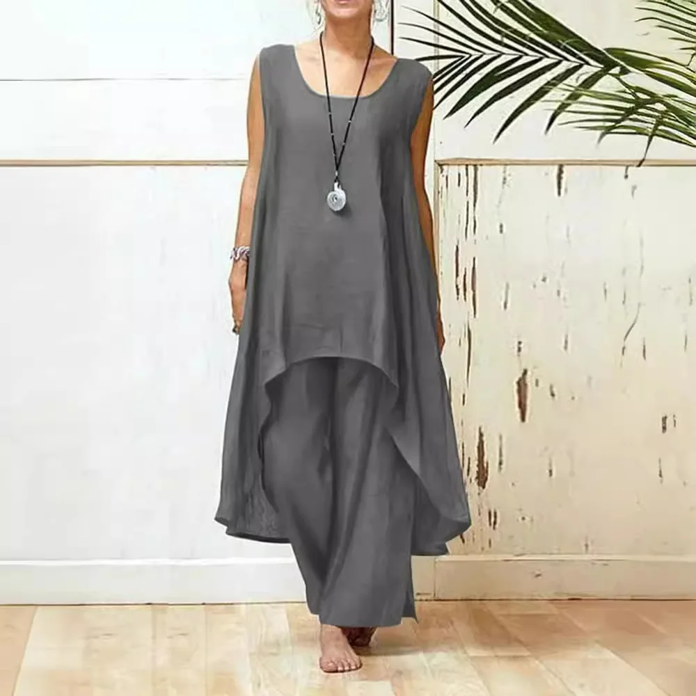

Women Pant Sets Wide Lag Pants Solid Two Piece Set Sleeveless Long Shirt Round Neck Casual Loose Suits Sporty Summer 2025