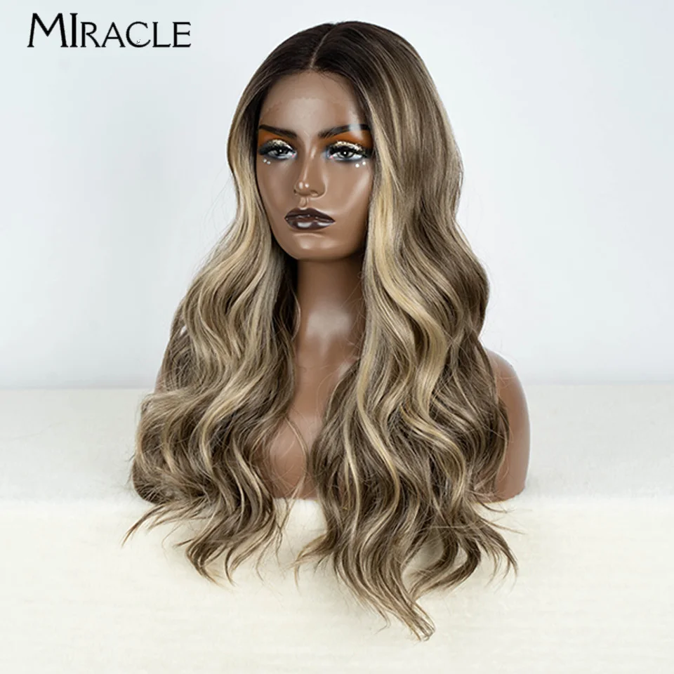 MIRACLE Wig renda depan wanita, Wig renda 22 inci sintetis berombak rambut palsu tahan panas Cosplay warna-warni pirang merah muda