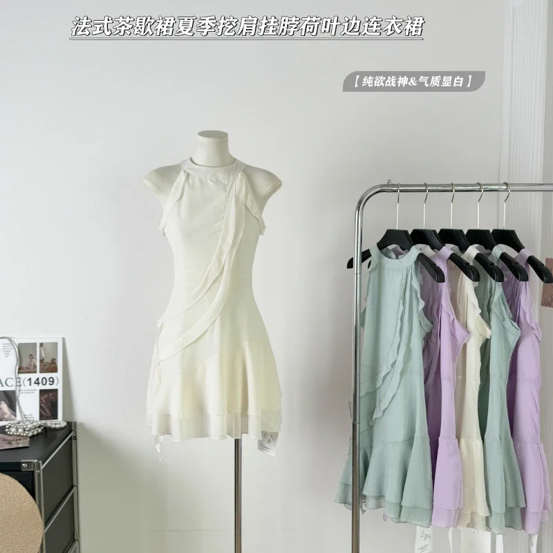 

Summer Solid Fairy Style Dress Women Irregular Ruffle Mid-length Skirt O-neck Sleeveless Halter Neck Slim Trendy Female Clothing