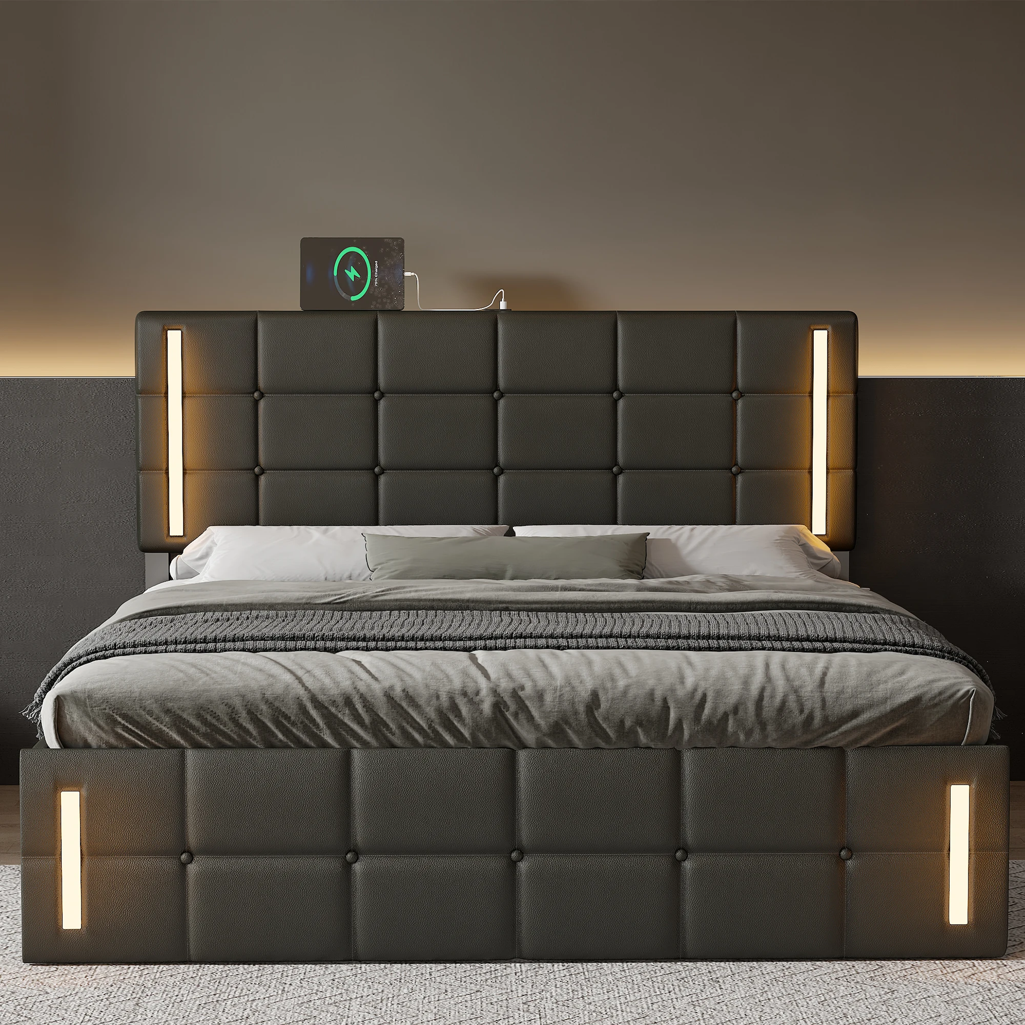 Queen Size Upholstered Bed with LED Lights, Hydraulic Storage System and USB Charging Station, Black  80.70x62.60x40.90 in.