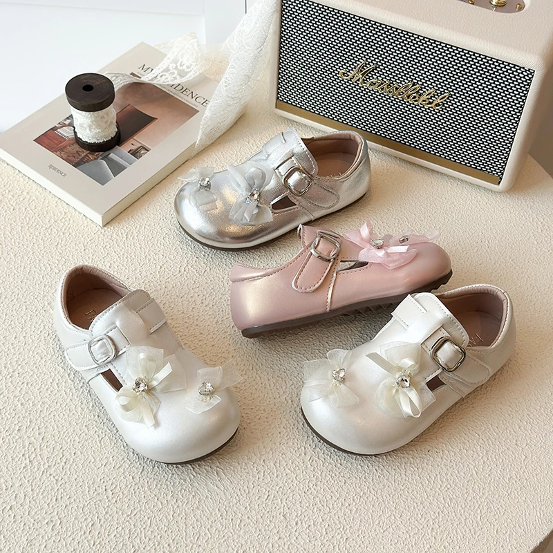 Girls Sparkly Mary Jane Princess Shoes, Mesh Bow Rhinestone Decor Adjustable Buckle Soft Flat Dress Shoes