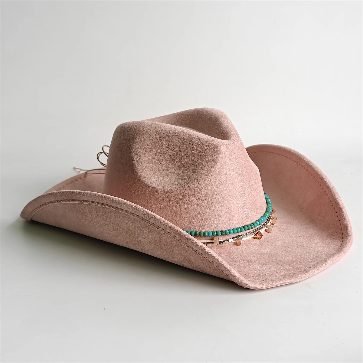 Suede Cowboy Hat for Women Men with Removable Beaded Hat Band Western Cowgirl Hat Wide Brim Vintage Rodeo Festival Party Hat