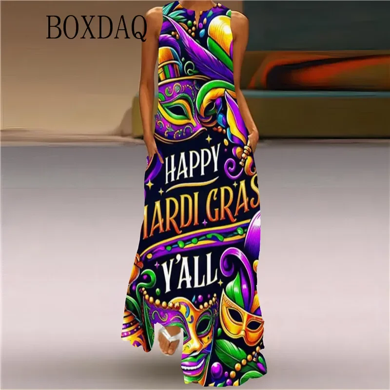 Mardi Gras Y'All Carnival Party Women Dress 2025 Sexy Sleeveless V-neck Print Long Dress Casual Evening Maxi Dresses Summer Robe — zdjęcie 7