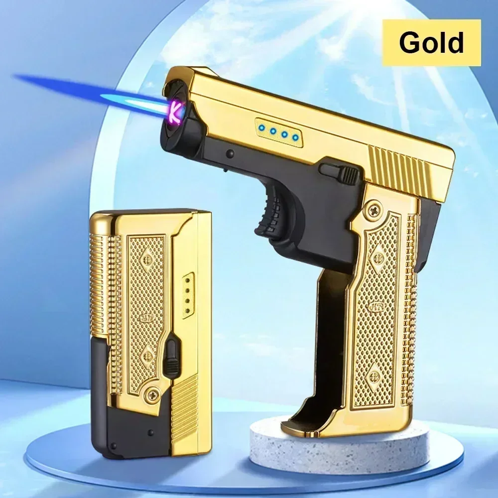 

New Gas- Electric Dual Flame Gun Lighter USB Rechargeable Plasma Lighter Foldable Pistol Shaped Torch Lighter Men Smoking Tool