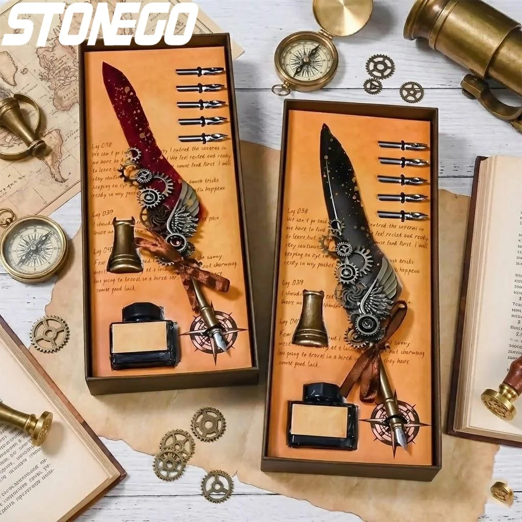 

Vintage Feather Dip Pen Set with Stand Classic Calligraphy Writing Tool 15ml Ink Refill for Art and Signature Crafts