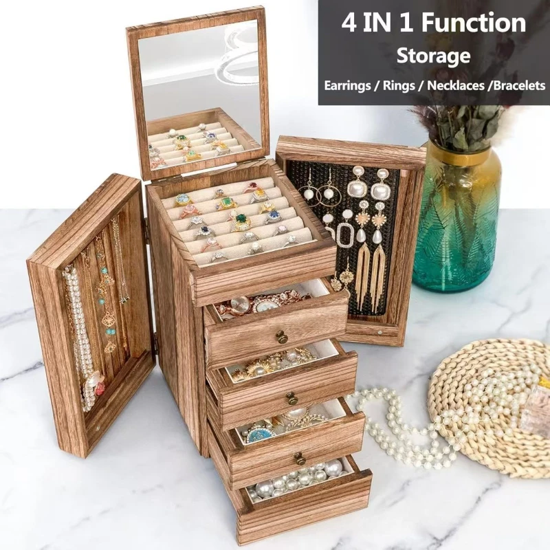 

Solid Wood Jewelry Box Large Retro Ring Storage Boxes Mirror Luxury Necklaces Bracelet Display Case Jewellery Organizer Supplies