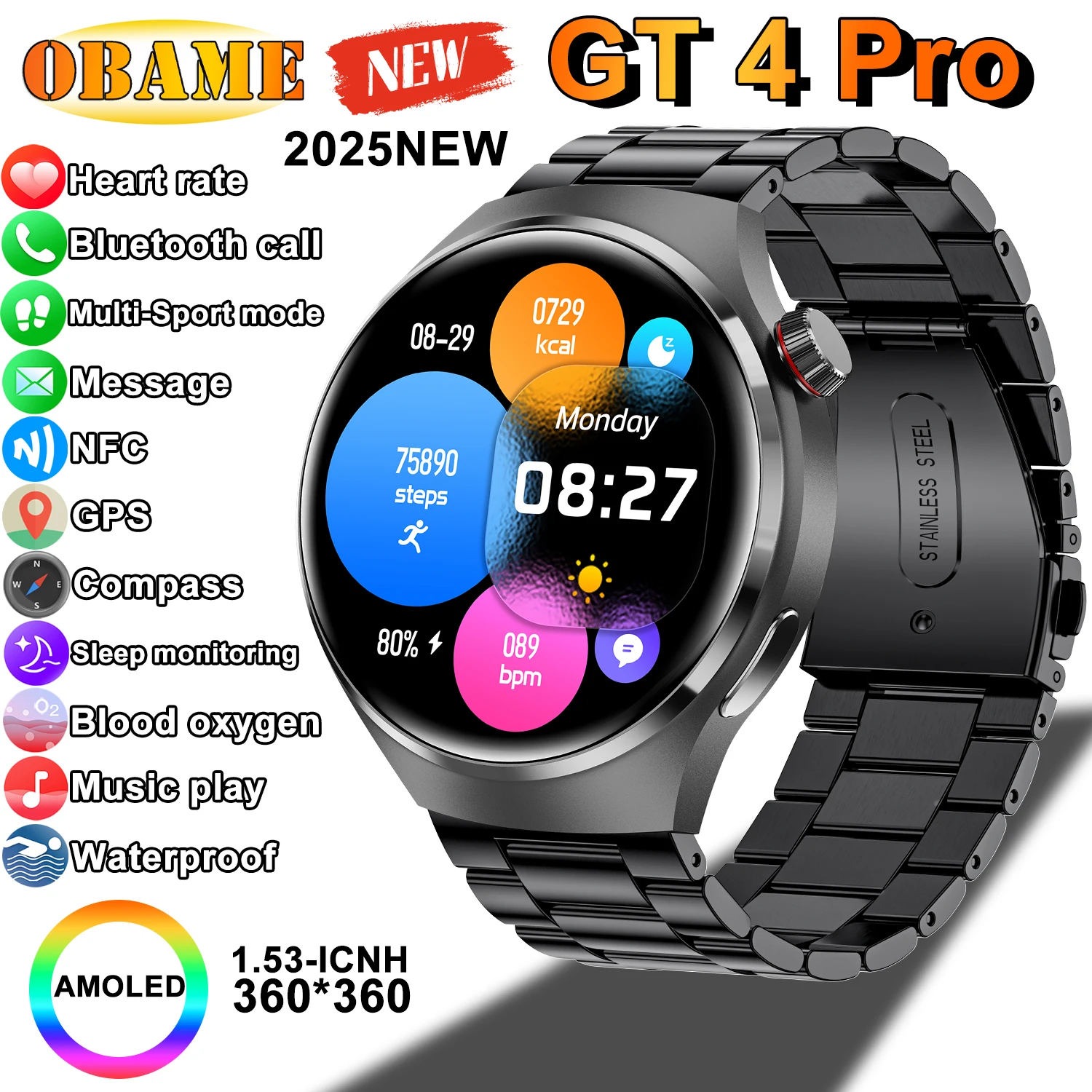 GT4 Pro Smart Watch Men AMOLED Screen SmartWatch Compass NFC GPS Tracker Heart rate Multi-Sports mode Waterproof Smartwatch 2025