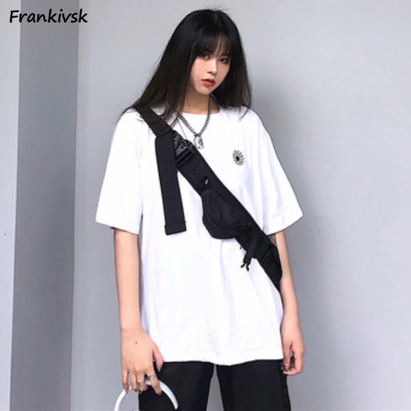 Solid Tees Women Japanese Style Simple All-match Half Sleeve Loose Summer Thin Unisex Trendy High Street Moto Casual O-neck 2023