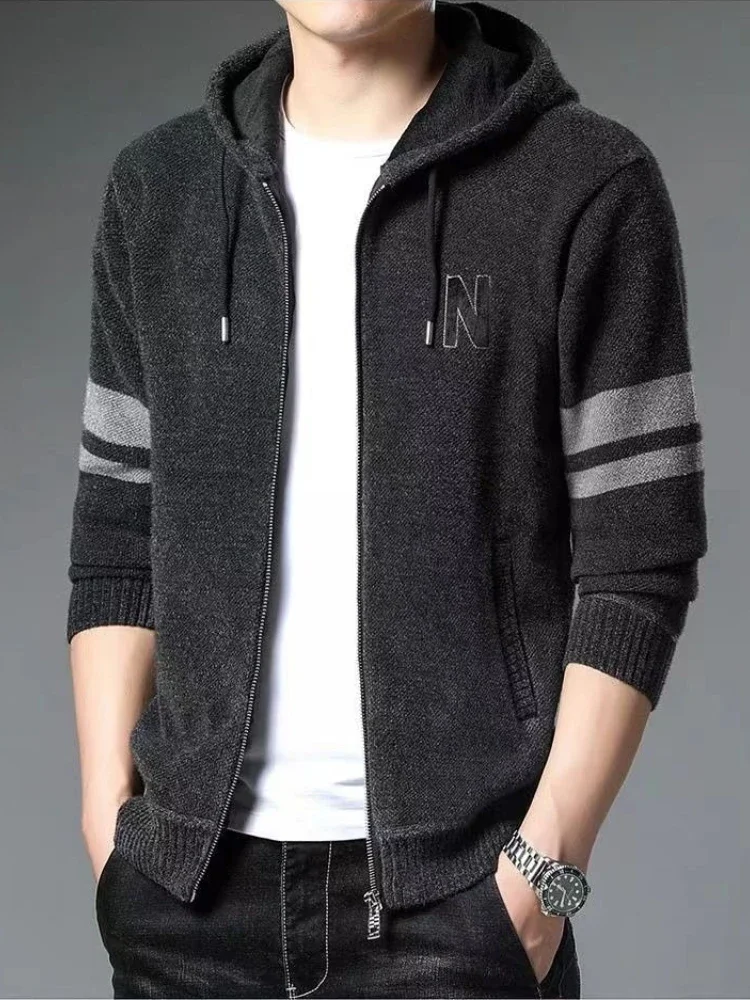 

Men's Hooded Knitted Cardigan 2025 New Autumn Winter Trendy Fleece Lined Thickened Warm Loose Fit Versatile Zipper Sweater Coat