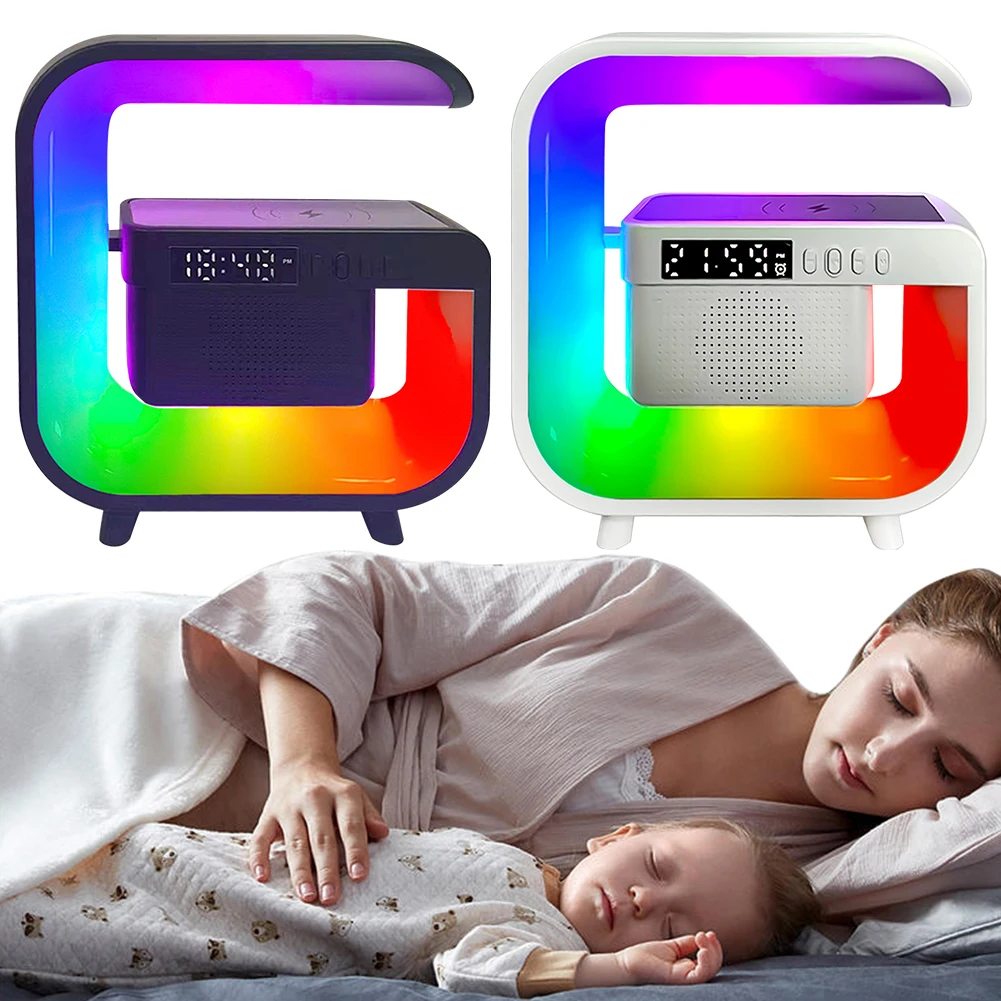 Alarm Clock with Wireless Charging Station RGB Night Light Multifunction Atmosphere Bedside Light App Control for Indoor Bedroom