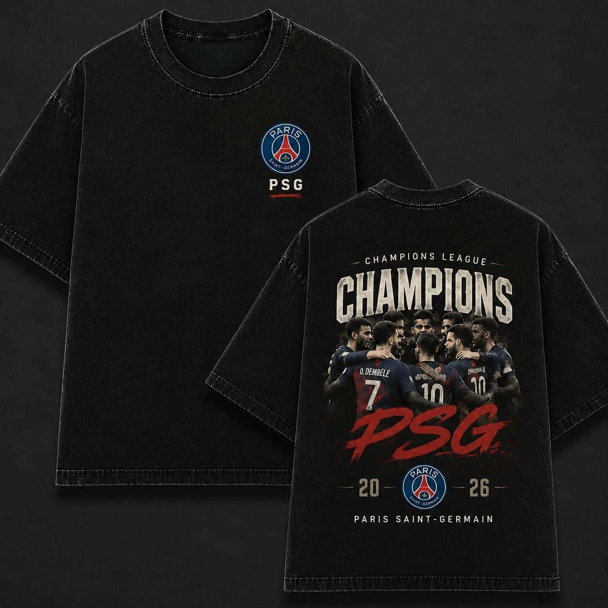 Camiseta PSG Vencedores da Liga dos Campeões 2026 UCL Champions T-shirt Lavada 2026 Nova Coleção Verão Masculina Feminina Moda Algodão Street Y2K