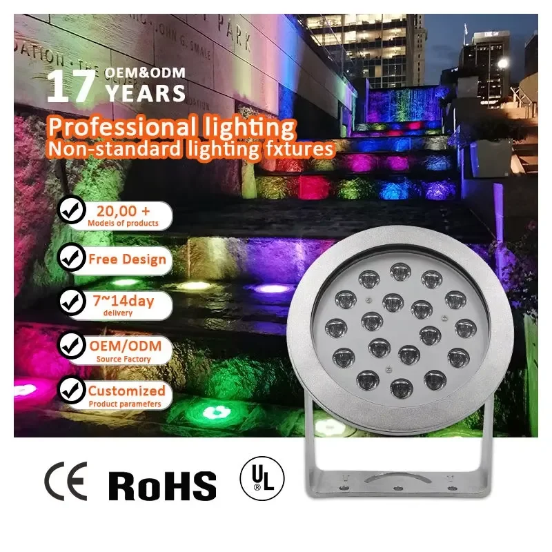 54W DMX512 RGB Round 316L Stainless Steel Fountain Light 24V IP68 LED Spot Lights Underwater Dimmable CRI80
