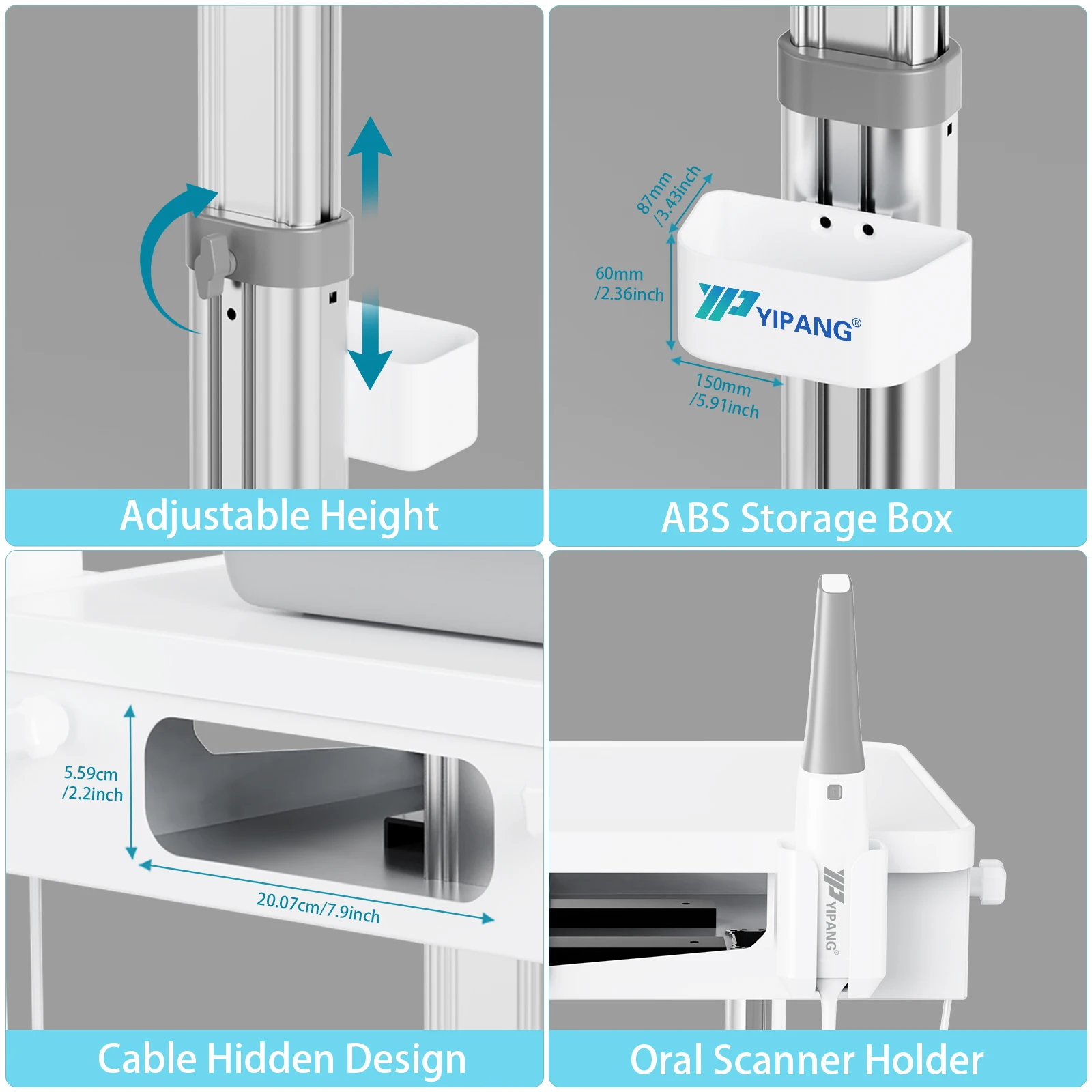 Adjustable Mobile White Oral Scanner Cart Medical Wheels Trolley With Bracket Steel Material Intraoral Scanner Trolley Cart