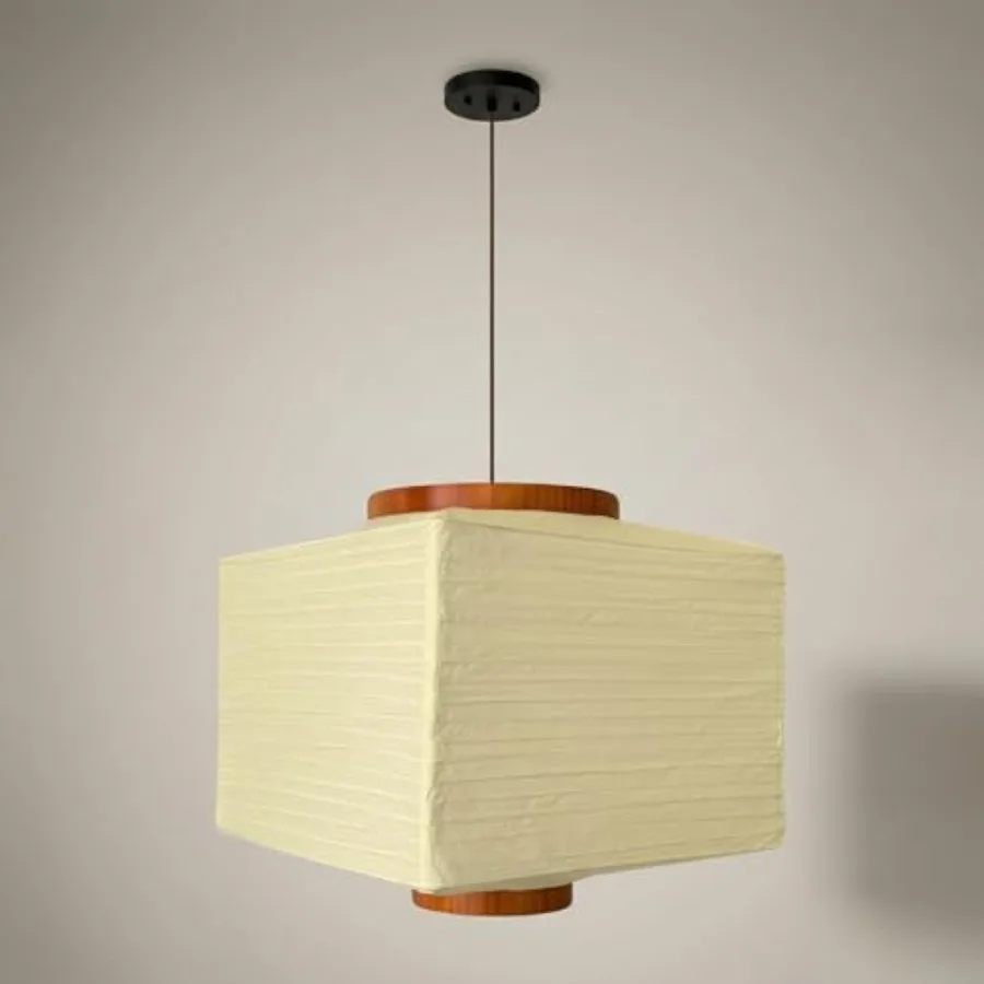 Paper Lantern Lamp Japanese Style Pendant Light - Off White Rice Hanging Paper Lamp Shade with Cord 11.5 Hardwired Square (Ceil